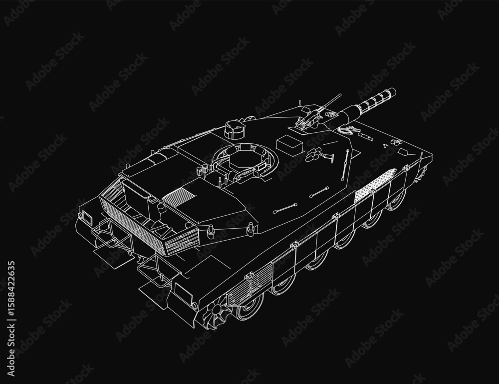 Poster detailed blueprint of an battle tank features precise contour lines and technical specifications on 