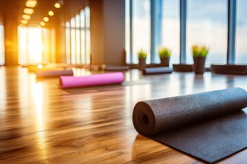Yoga mats on a wooden floor in a bright studio.  Sunlight streams in through large windows