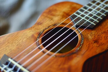 Fototapeta premium Close up on a wooden ukulele showing its strings and sound hole