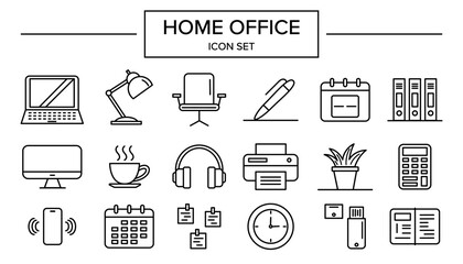Set of home office icons in clean line art style showing various work items, productivity and workspace essentials
