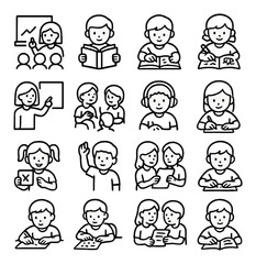 Classroom activity icon collection. simple school linear icons: teacher, student, reading, writing, discussion vector icons.
