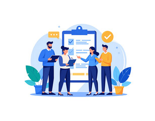 Business team collaborating on a project reviewing a large checklist Flat vector illustration of colleagues in a meeting discussing tasks and progress.