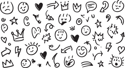 Fototapeta premium Doodle icons expressive faces hearts crowns arrows lightning bolts stars vector