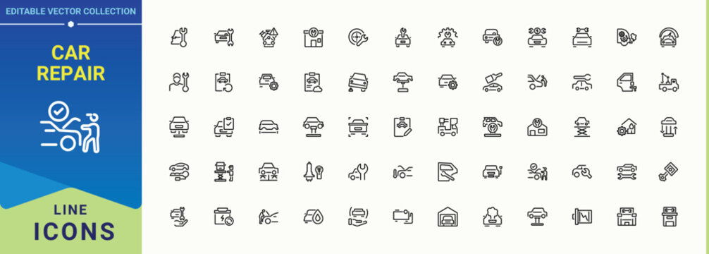 Car Repair icon set. Auto line icon set. Minimalist editable vector stroke. Includes thin line symbols car parts, service, vehicle, automatic, auto service, repair and more. Art and illustration.