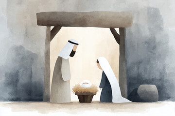 A modern, minimalist nativity scene. Mary and Joseph adore the baby Jesus in a manger, viewed from behind. A simple, peaceful illustration symbolizing the hope and serenity of Christmas.