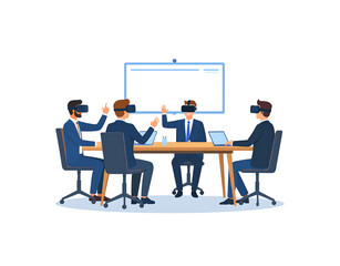 Businessmen in suits collaborating in a virtual reality meeting wearing VR headsets and gesturing.