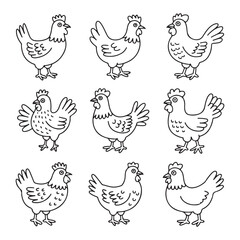 Nine black and white line art chickens arranged in a grid