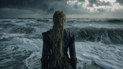 victorian or viking woman standing alone by a stormy sea under dramatic sky — perfect for book covers, historical fiction, emotional storytelling, or gothic fantasy posters