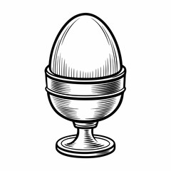 A hand-drawn sketch of an upright egg placed in an elongated egg stand, drawn in black and white and isolated on white background, symbolizing simplicity, food styling, and traditional kitchenware
