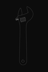 A black and white wrench with detailed contours stands out against a dark background. The adjustable head and long handle are precisely rendered, creating a striking contrast.
