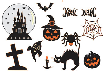halloween elements decorative text vector set - cat, pumpkin, spider,bat,castle isolated-editable
