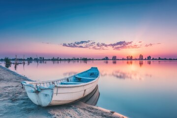 Naklejka premium Tranquil sunrise over a lake, a white boat resting on the shore