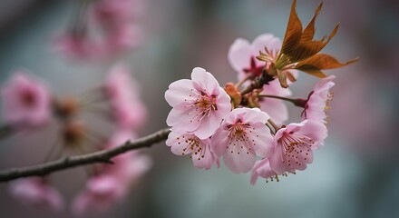 Close-up of delicate pink cherry blossoms on a branch, signifying spring and natural beauty