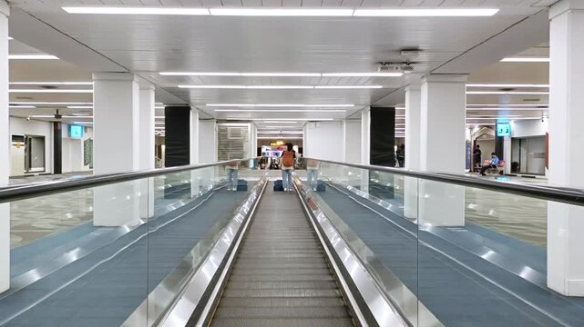 View of passing through the moving walkway or escalator or travelator at Soekarno Hatta International Airport, Jakarta, Indonesia