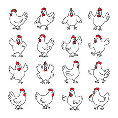 Collection of sixteen white chickens in various poses