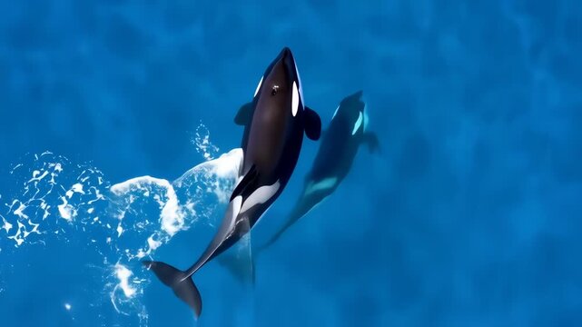 Orca whale swimming gracefully in bright ocean water with sunlight reflections and smooth motion