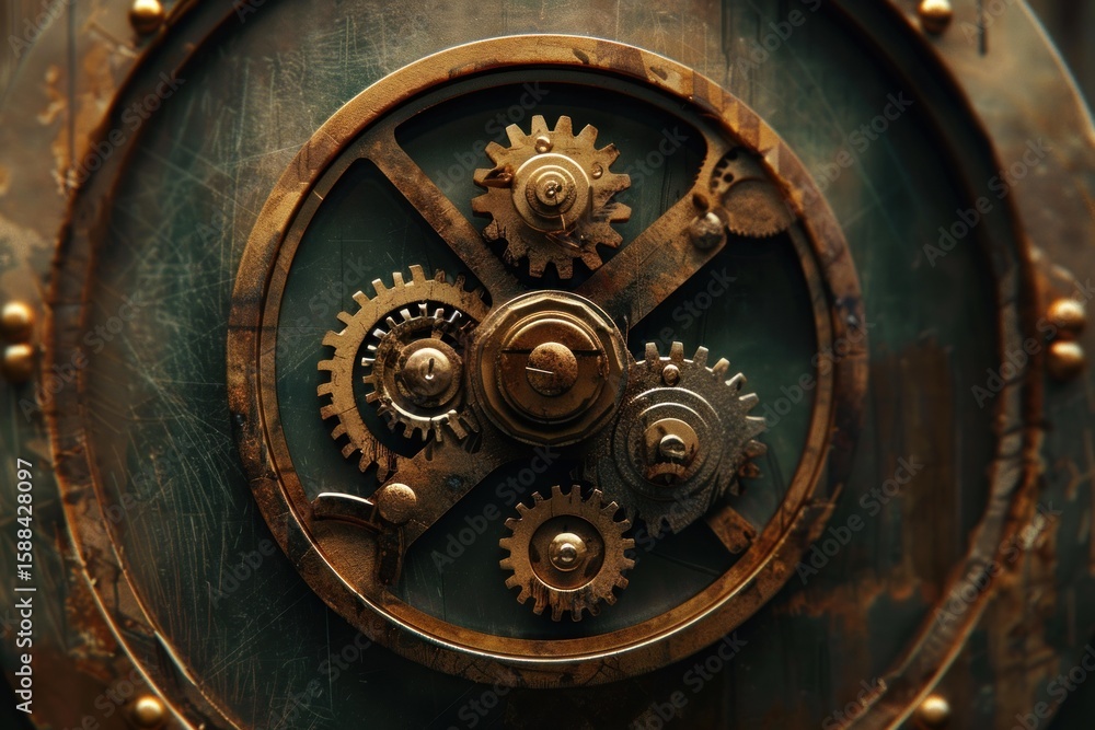 Poster close up of a complex clockwork mechanism with many interlocking brass and steel gears turning