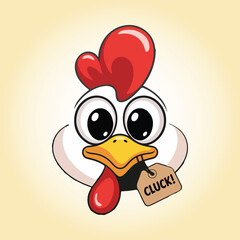 Cartoon chicken head with cluck tag and big eyes fowl