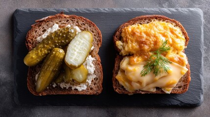 Rustic open-faced sandwiches with pickles and cheesy egg topping on dark bread. National Sandwich Month. German Sandwich Day