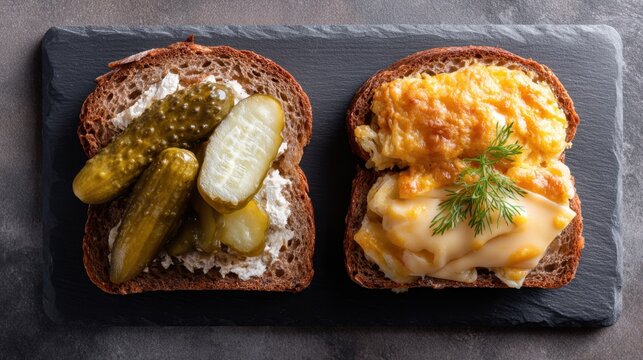 Rustic open-faced sandwiches with pickles and cheesy egg topping on dark bread. National Sandwich Month. German Sandwich Day