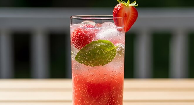 Tall Glass of Strawberry Soda with Basil Leaves and Ice &mdash; Carbonation Bubbles, Halved Strawberry Garnish
