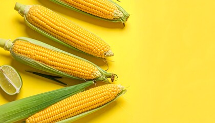 Fresh corn cobs on bright yellow background