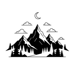 Vector art of mountain landscape with lake, forest, moon and clouds