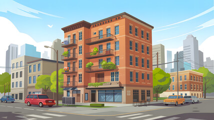 Obraz premium Vibrant building facade in a cityscape with bright sky adds urban charm.