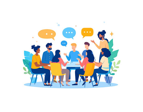 Diverse group of colleagues in a collaborative meeting discussing ideas with speech bubbles in a flat vector style.