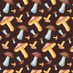Forest Mushrooms Seamless Pattern. Autumn Mushrooms Seamless Background. Vector Illustrations, Dark Background