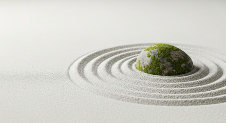 Obraz premium Minimalist Zen Garden with Moss-covered Rock Surrounded by Sand Raked in Circular Patterns