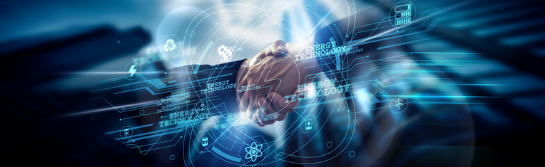 Energy Technology concept, powering innovation, Energy Engineer handshake of global network...