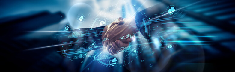 Cloud Computing concept, enabling scalability, IT Manager handshake of global network connection...
