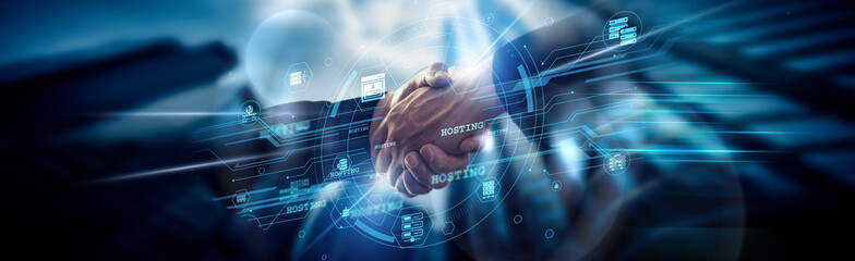 Hosting concept, providing scalable infrastructure, IT Manager handshake of global network...