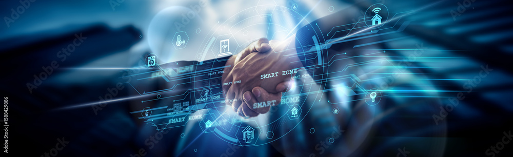 Poster smart home concept, automated living, iot engineer handshake of global network connection enabling r
