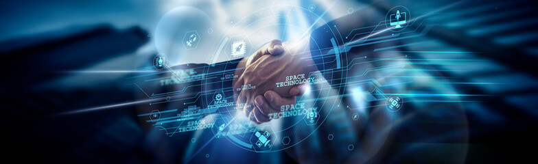 Space Technology concept, satellite innovation, aerospace engineer handshake of global network connection enabling real-time data, deep space research, navigation, and communication.