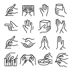 Hands in action icon collection. simple line drawing hands: writing, typing, clapping, mixing vector icons.