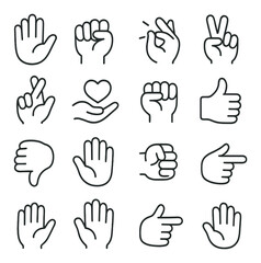 Hand gesture icon collection. simple line hand signs: thumbs up, peace, heart gesture vector icons.