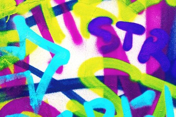 Funky graffiti with neon blue, purple, green in bold strokes. Retro 80s style, fluorescent, vibrant. Urban art, digital prints, creative banners, modern 80s, 90s street visuals.