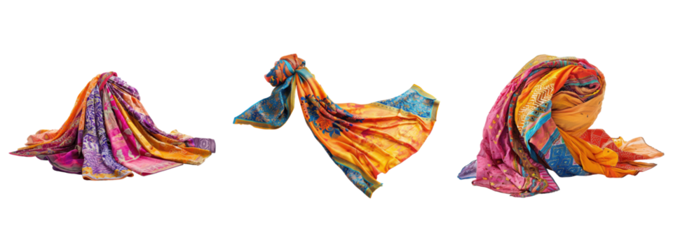 Three colorful scarves isolated with transparent background