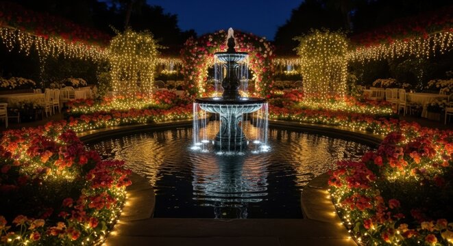 Nighttime Garden Fountain Scene with Illuminated Flowers and String Lights in Romantic Outdoor Setting - Powered by Adobe