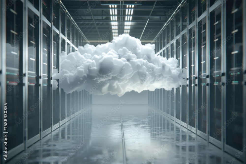 Aufkleber white cloud is floating in a server room, representing cloud computing technology