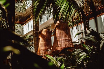 Tropical atrium with woven light fixtures. Lush greenery surrounds a modern building interior