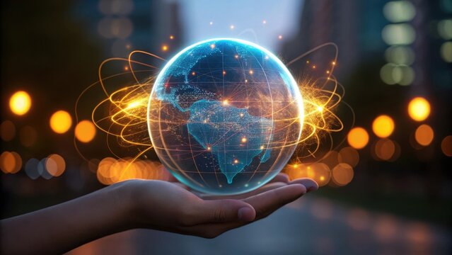 Human hand holding a glowing digital globe with connections and light trails