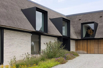 Modern luxury villa exterior in minimal scandinavian style, 3d render