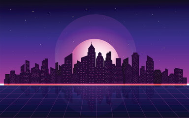 Futuristic night city with technological light grid background. Digital futurist cyber technology