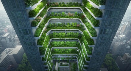 Modern Skyscraper with Green Balconies Filled with Lush Plants and Flowers in Urban Skyline