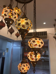 Hanging Turkish Mosaic Lanterns in Warm Indoor Lighting – Traditional Glass Art Decor