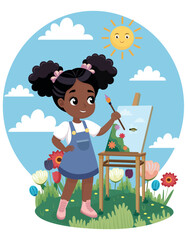 Cute Black Girl Painting Outdoors in a Flower Meadow