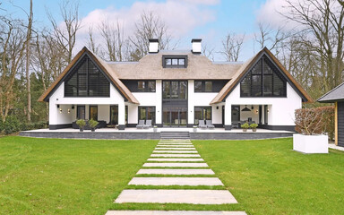 Modern luxury villa exterior in minimal scandinavian style, 3d render
